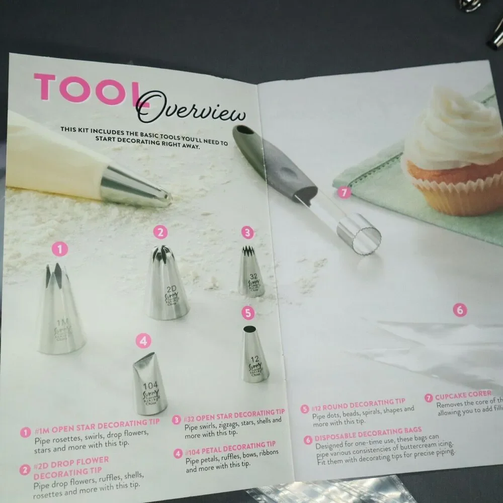 Cake Decorating Sunny Side Up Tips/bags 5 tips, tool & 10 bags, instruction book